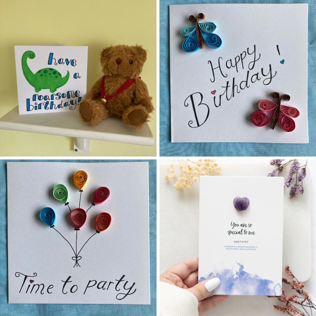 Dinosaur birthday card on shelf with a teddy bear. Card reads - have a roarsome birthday