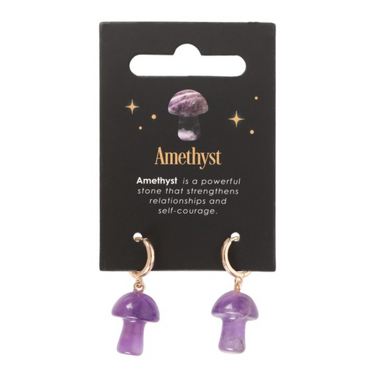 Amethyst mushrrom earrings on card that reads powerful stone that strengthens relationships and self-courage