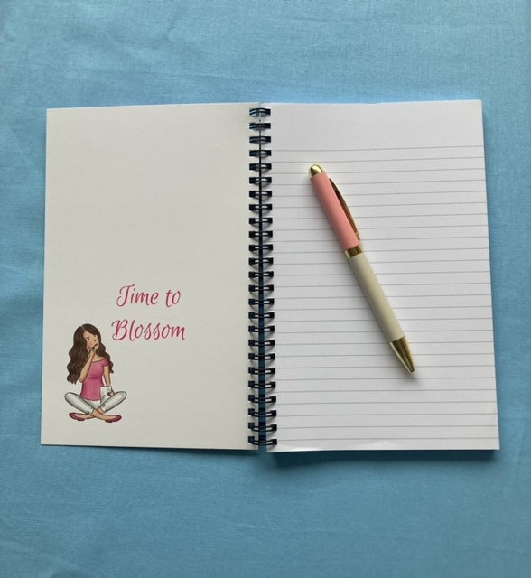 Inside of positive notebooks, some have girl on the inside cover with writing that reads - time to blossom