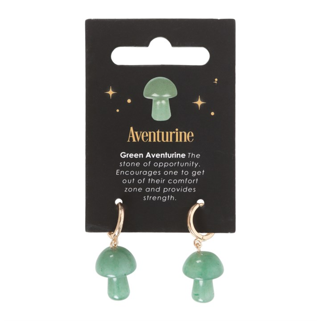 Adventurine mushroom earrings on a card that reads - green adventurine the stone of opportunity. Encourages one to get out of their comfort zone and provides strength
