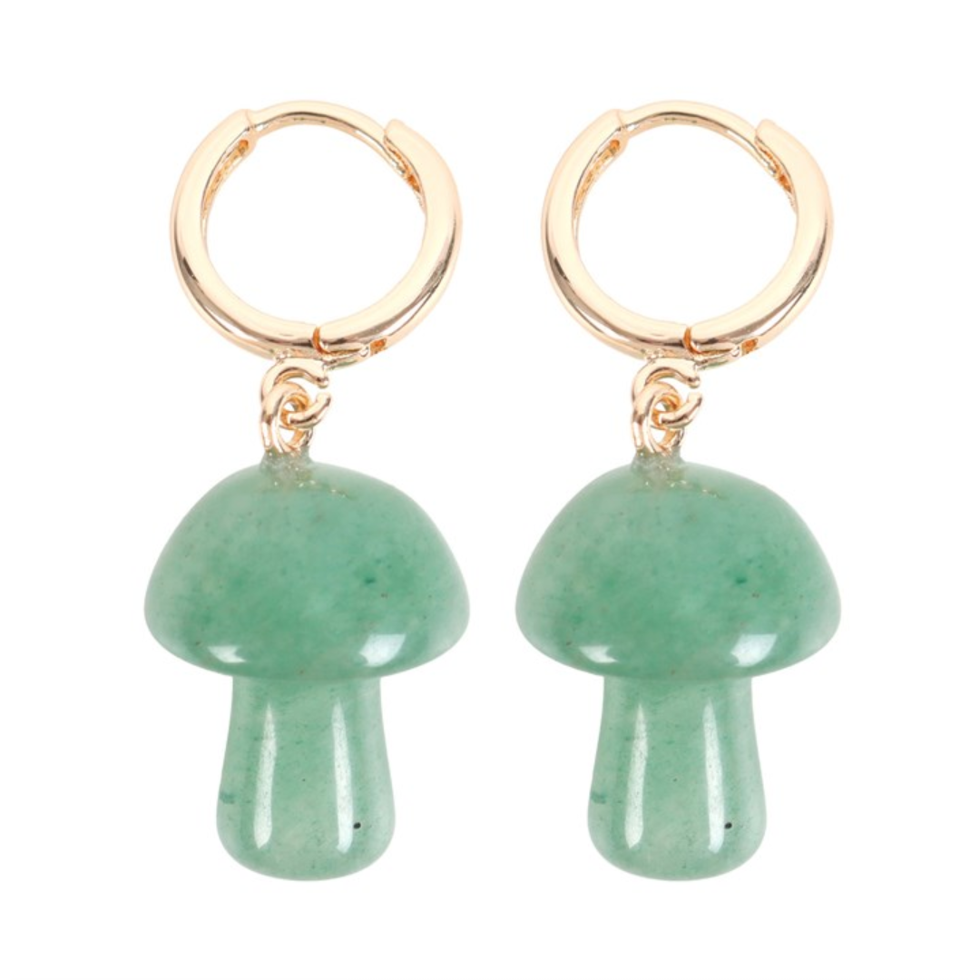 close up photo of green adventurine earrings in the shape of a mushroom