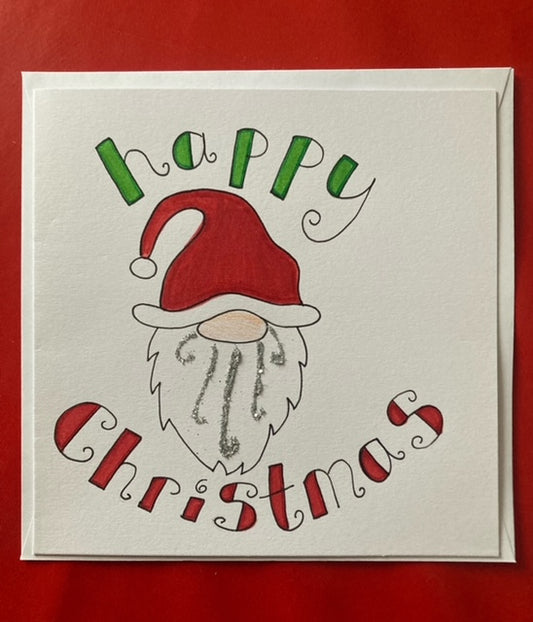 Happy Christmas card with Christmas gonk with glitter beard and red santa hat on. By Blossom Tree Social